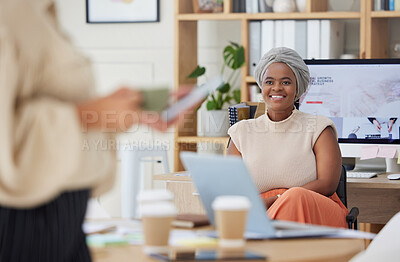 Buy stock photo Business woman listening to colleague presentation, meeting and discussion in startup agency. Happy, smile and excited black person planning strategy, vision and ideas together with seminar staff