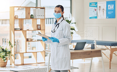 Buy stock photo Insurance checklist and covid healthcare doctor with face mask and portrait while working with medical paperwork in an office. Trust and vision of a covid 19 expert woman checking vaccination results