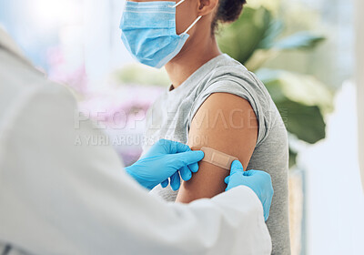 Buy stock photo Covid vaccine with medical doctor or healthcare nurse hands with plaster on arm after medicine injection. Patient treatment or nursing for disease, sickness or flu at work in hospital or clinic.