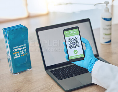 Buy stock photo Covid, vaccine and passport on smartphone for travel, safety or security during virus pandemic. Laptop, hands and phone app with digital corona QR code for international, global and safe traveling. 