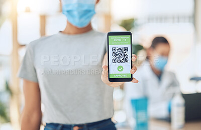 Buy stock photo QR code for covid vaccine passport and certificate at covid 19 vaccination center or site for health and safety verification. Hands of young girl with smartphone for approval or confirmation document