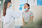 Doctor or nurse with cotton swab for covid test in a medical research facility. A healthcare expert or worker wearing glove testing a woman patient for coron, virus or disease in a hospital or clinic