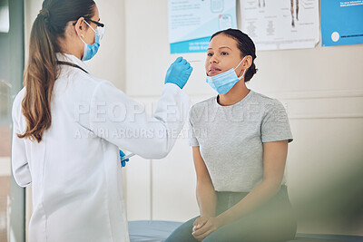 Buy stock photo Doctor or nurse doing covid test in a medical research facility with with cotton swab. A healthcare expert or worker testing a woman patient for coron, virus or disease in a hospital or clinic