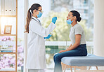 Doctor, covid nose test and woman in hospital for healthcare compliance, insurance policy routine and medicine research. Medical worker, trust and consulting employee with sick patient and face mask
