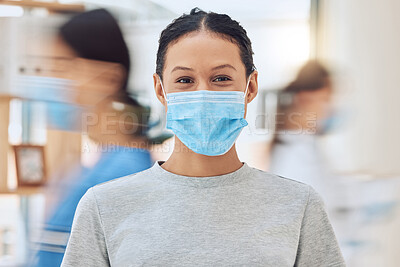 Buy stock photo Covid, mask and woman from Mexico with face safety, protection and medical facial hospital gear. Portrait of 
dengue and corona prevention at a healthcare clinic and Mexican patient at a checkup