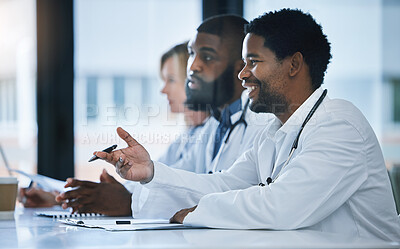 Buy stock photo Doctor have discussion about medical document in a meeting together at work. Healthcare workers talking and planning, communication and strategy in a hospital office or boardroom