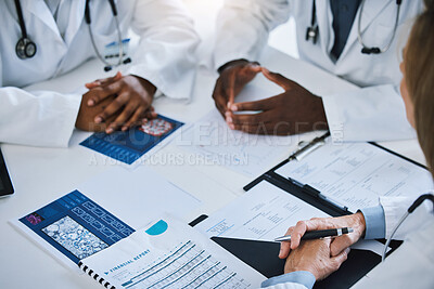 Buy stock photo Paperwork, meeting and team of doctors consulting about medical treatment, medicine and surgery. Group of healthcare staff discussing patient results and documents in the hospital conference room.