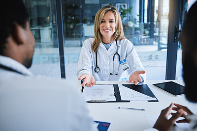 Buy stock photo Consulting, trust and doctor meeting with medical healthcare colleagues in conference room hospital or clinic. Trust, consultant and first aid with teamwork, medicine and research results discussion