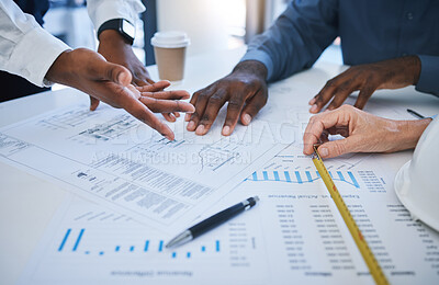 Buy stock photo Hands, team and planning with an architect, engineer and designer meeting and in discussion over a construction document. Teamwork, building and collaboration with a contractor group for architecture
