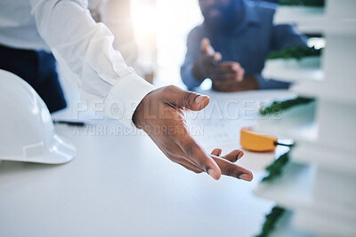 Buy stock photo Architect hand, team planning a building structure in office and architecture development during meeting. Business man engineer on design illustration, industrial  3d model and construction working