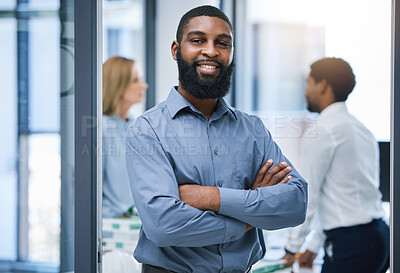 Buy stock photo Confident and leadership portrait of a businessman in office meeting with vision for success, business recruitment and company growth. Smile of black man, manager or boss in a professional workplace