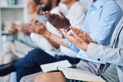 Buy stock photo Work presentation, conference or trade show with business worker audience hands clapping. Trade show corporate convention event with job crowd celebration for workforce, success and career workshop  