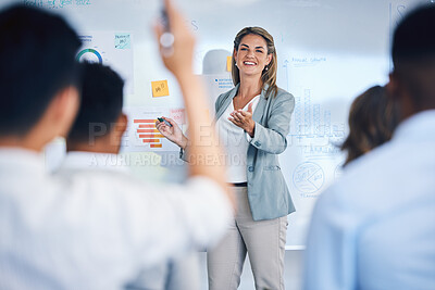 Buy stock photo Business coaching, question and woman speaker in business meeting presentation for teamwork, marketing planning or kpi strategy. Happy, smile and motivation training with whiteboard infographic paper