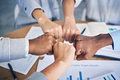 Buy stock photo Team, business and hands in fist bump motivation for diversity, collaboration and teamwork for project innovation. Group of corporate workers in agreement for market plan in hand gesture at office.