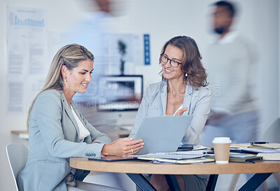 Buy stock photo Marketing, business women and consulting with manager in corporate office building. Collaboration, planning and analytics with meeting, review and chart for strategy, innovation conversation 

