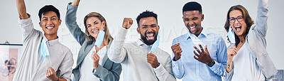 Buy stock photo Banner of business people happy about end of covid pandemic, removing face mask in celebration and excited for office work. Portrait of team of workers winning with success and celebrate achievement