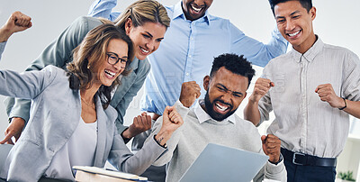 Buy stock photo Celebration, winning and fist pump business people with laptop reading email report for finance, profit or success. Victory, bonus or yes hands sign of diversity team with good trading or crypto news