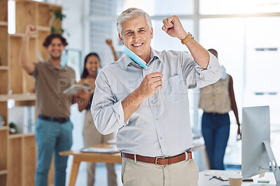 Buy stock photo Teamwork success, motivation and vision of a senior executive businessman happy with office team. Leadership portrait of a mature corporate ceo with a smile ready to work on innovation development