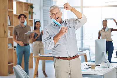 Buy stock photo Covid, mask and celebration with business people cheering the end of lockdown, restrictions and regulations after the corona virus pandemic. Getting back to work, freedom and success in the office