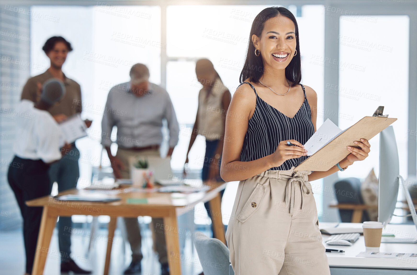 Buy stock photo Business woman leadership, manager documents and creative designer planning for motivation, innovation and success in agency. Portrait young entrepreneur with paperwork for marketing team meeting