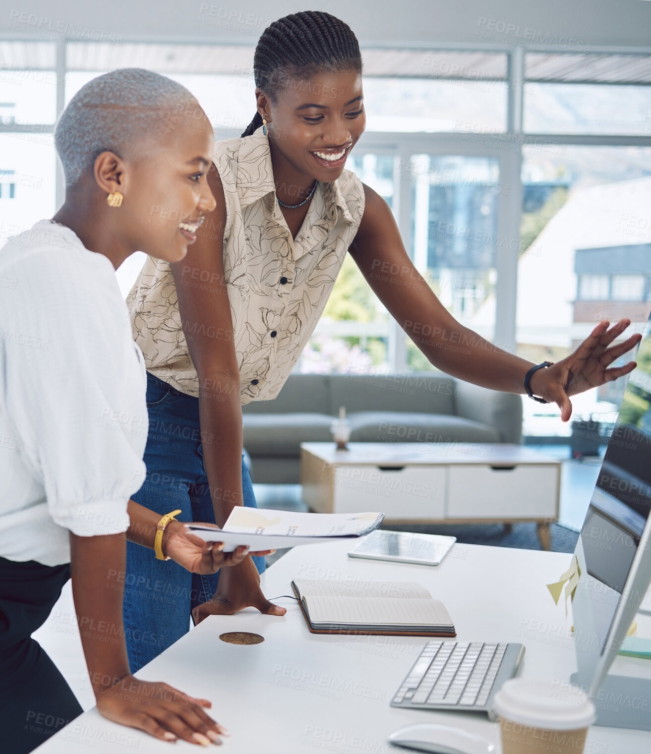 Buy stock photo Teamwork, design and collaboration with a creative designer and employee working as a team together in their office at work. Black woman and business partner at work as a team in a modern workplace