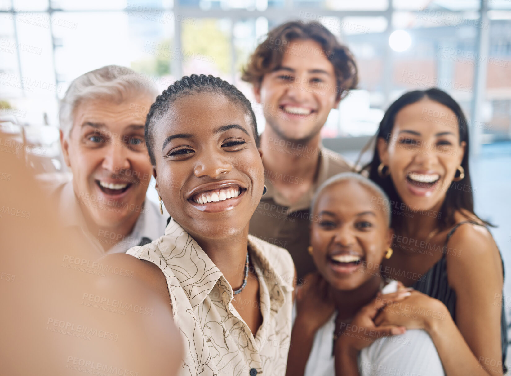 Buy stock photo Diversity work selfie with happy team in a office ready for teamwork, collaboration and work. Portrait of diverse business staff and workforce with a smile showing corporate community support