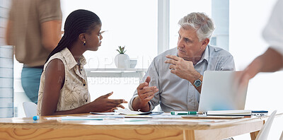 Buy stock photo Business woman consulting company client about creative project on laptop in modern office. Corporate, meeting and black manager discussing b2b marketing strategy with industry executive on computer 