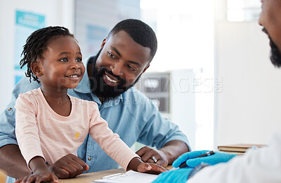 Buy stock photo Doctor consultation with a black family, baby and father in a hospital or clinic office for healthcare, insurance and trust. Happy child in a checkup medical appointment with male pediatrician expert