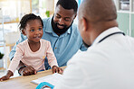 Doctor consulting with black family, baby and father in doctors office in hospital. Medicine wellness, healthy child development and consultation in nurse, healthcare and medical clinic with smile