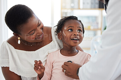Buy stock photo Pediatrics doctor with stethoscope, mother and child in consultation office. Happy mom and toddler kid in clinic exam checkup or appointment with healthcare worker listening for heart and baby health