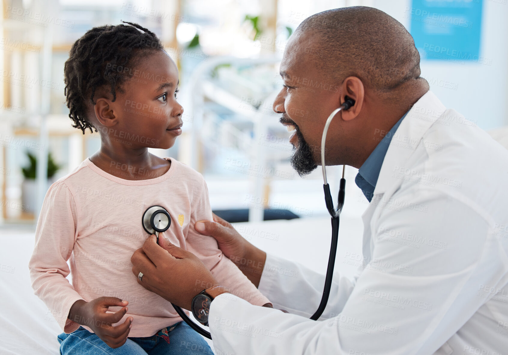 Buy stock photo Pediatrician, consulting and stethoscope for lungs or chest checkup with doctor in medical healthcare hospital or clinic. Medicine, young patient and black man therapist listening to heart of baby 