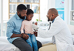 Black family, girl and pediatrician doctor with stethoscope, consulting healthcare worker or medical employee. Kids, happy father with smile or trust pediatrician in hospital insurance test for heart