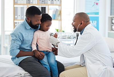 Buy stock photo Black family, girl and pediatrician doctor with stethoscope, consulting healthcare worker or medical employee. Kids, happy father with smile or trust pediatrician in hospital insurance test for heart