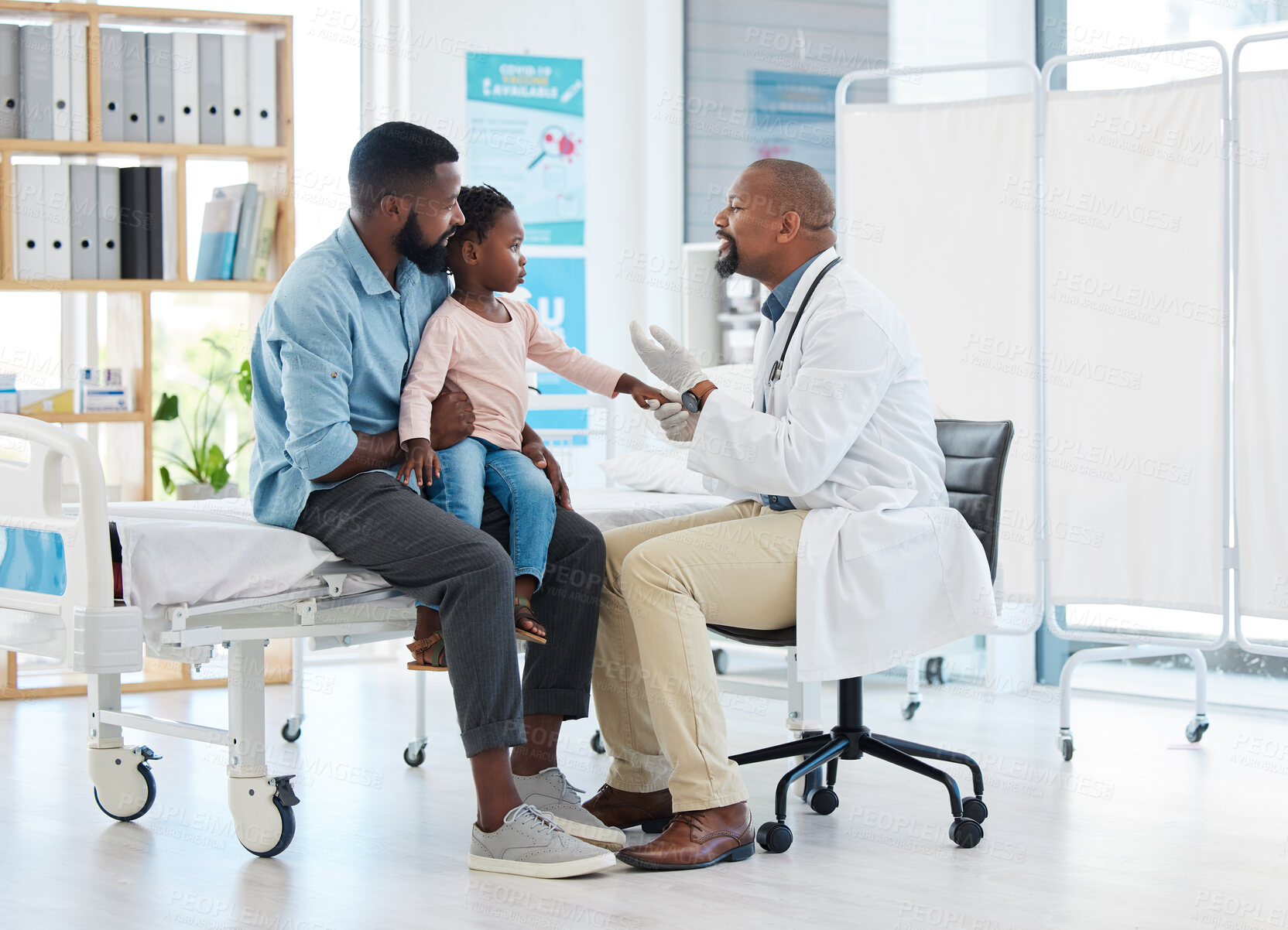 Buy stock photo Pediatrician doctor consulting black kid patient for healthcare service, medical help and wellness check in hospital clinic. Friendly, trust and kind african family gp expert for healthy child advice