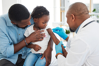 Buy stock photo Covid, dengue and medical vaccine of a child with father and kid doctor or pediatrician. Healthcare worker work and help with medicine injection in a family hospital, baby clinic or health facility 