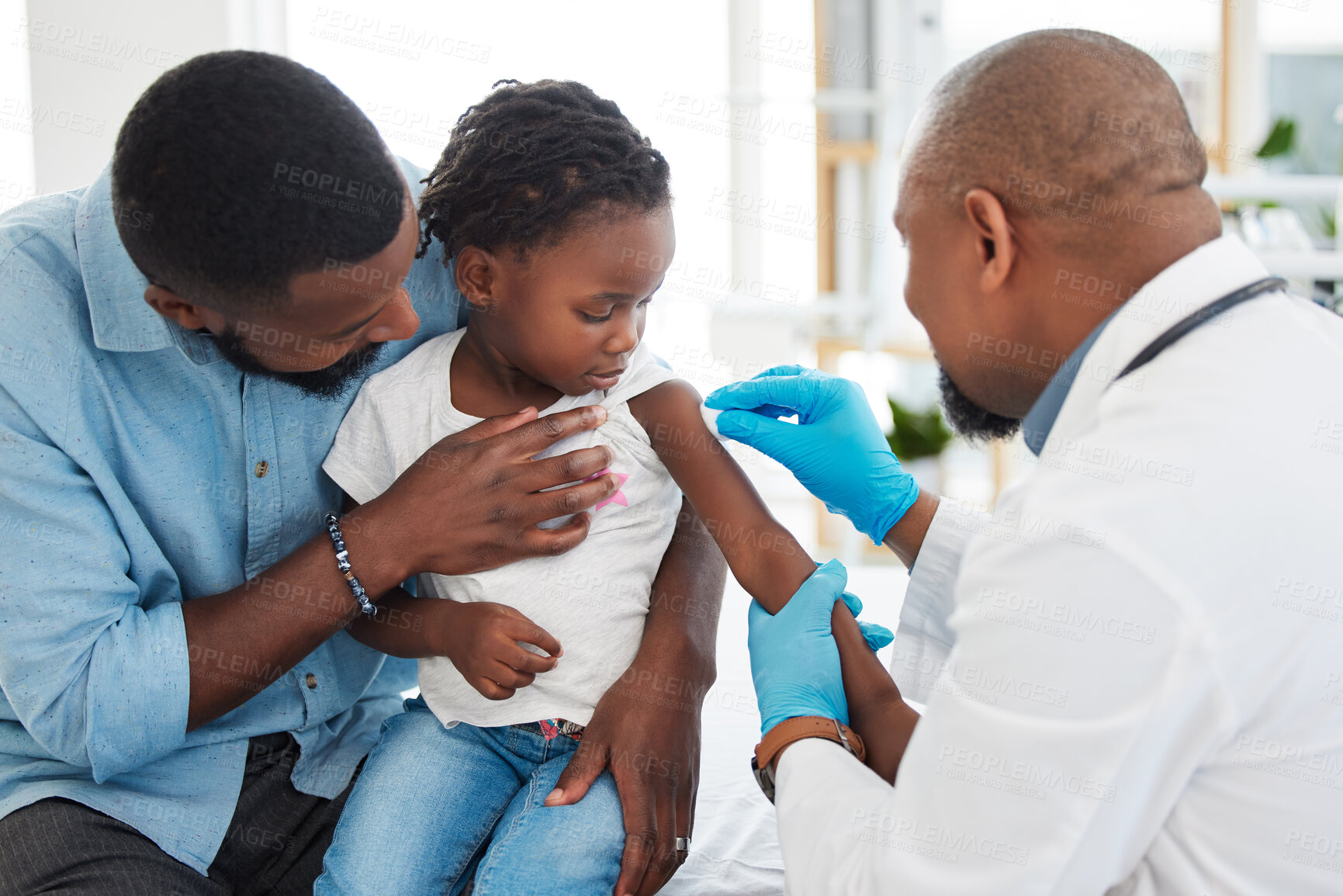 Buy stock photo Covid, dengue and medical vaccine of a child with father and kid doctor or pediatrician. Healthcare worker work and help with medicine injection in a family hospital, baby clinic or health facility 