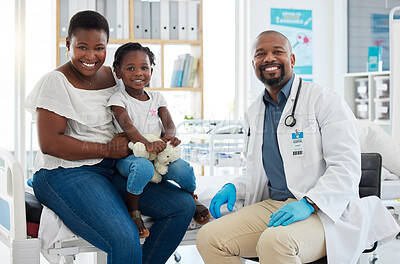 Buy stock photo Black people consulting pediatrician family doctor for patient healthcare service, medical help and wellness checkup in clinic surgery. Portrait smile, happy and trust african gp with healthy advice