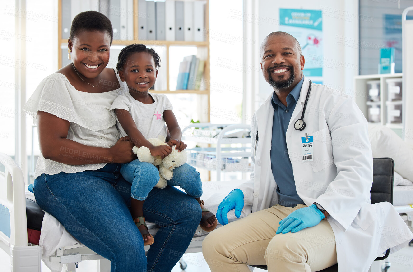 Buy stock photo Black people consulting pediatrician family doctor for patient healthcare service, medical help and wellness checkup in clinic surgery. Portrait smile, happy and trust african gp with healthy advice