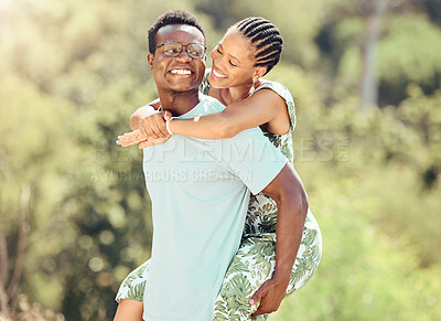 Buy stock photo Love, date and outdoor couple in park or romantic nature outing for healthy, green lifestyle with trees, bokeh and lens flare. Happy, wellness black people and caring man giving woman piggyback ride