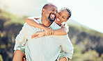 Happy, couple and black woman getting a piggy back ride from African husband on a countryside summer vacation. Smile, relax and travel outdoors on a romantic, love and peaceful nature holiday park