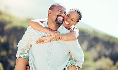 Buy stock photo Happy, couple and black woman getting a piggy back ride from African husband on a countryside summer vacation. Smile, relax and travel outdoors on a romantic, love and peaceful nature holiday park