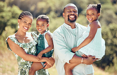 Buy stock photo Happy black family, parents and kids in park, garden or backyard to relax, bond and enjoy sunny day together. Portrait of happy mother, smile father and young african children with love, care and joy