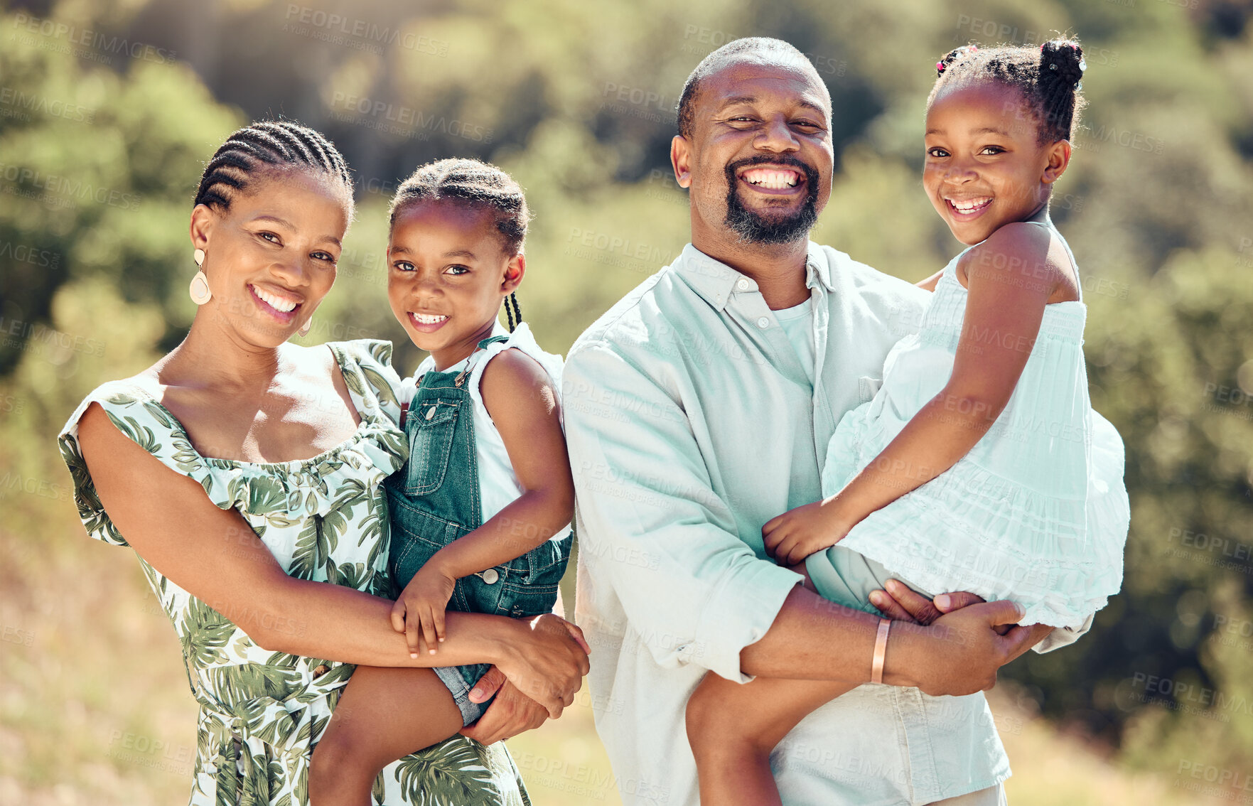 Buy stock photo Happy black family, parents and kids in park, garden or backyard to relax, bond and enjoy sunny day together. Portrait of happy mother, smile father and young african children with love, care and joy