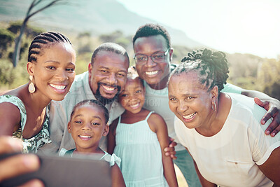 Buy stock photo Black family taking a selfie with happy children in nature together in fun natural outdoors in summer. Freedom, smile and senior woman with African kids smiling for phone camera on a holiday vacation