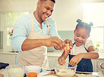 Father, learning girl or baking in home kitchen and cooking a children cake, dessert or breakfast cookies. Fun, happy and comic child with smile in house with bonding family man with health food egg