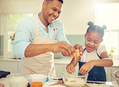 Buy stock photo Father, learning girl or baking in home kitchen and cooking a children cake, dessert or breakfast cookies. Fun, happy and comic child with smile in house with bonding family man with health food egg