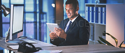 Buy stock photo Business, office and man in technology on digital tablet by computer desk, happy for success and design at the workplace. Proud, successful and professional male in tech company for innovation work.