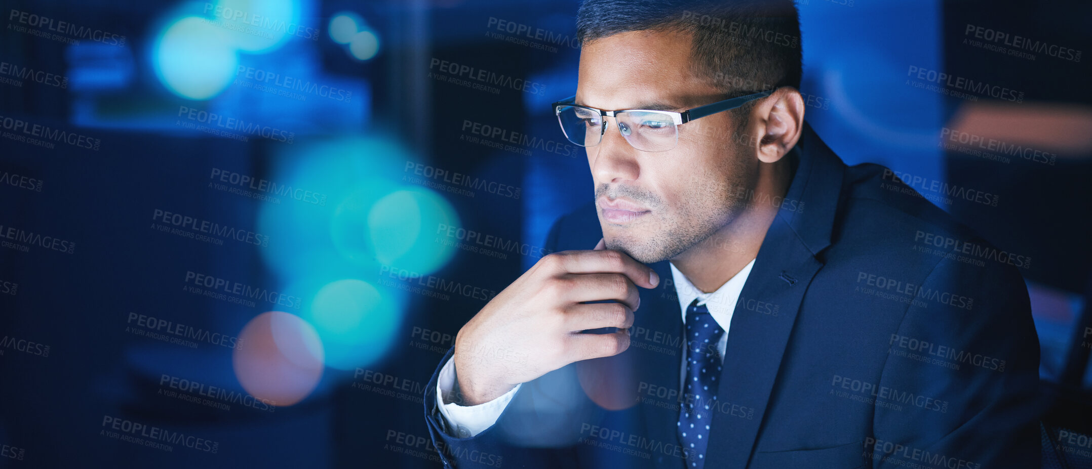Buy stock photo Businessman working, thinking and planning at night in a corporate company office. Networking for global communication or an international deal across time zones while trading with data and analytics