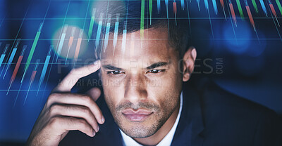 Buy stock photo Bitcoin, crypto and stock market trader thinking of financial price data analysis on his computer screen monitor. Man working on a cryptocurrency trading strategy for forex investment profit growth 