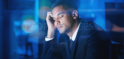 Buy stock photo Tired, sleeping and burnout for night worker, latino business man or company employee. Stress, mental health depression or anxiety for overtime working corporate businessman bored at office room desk